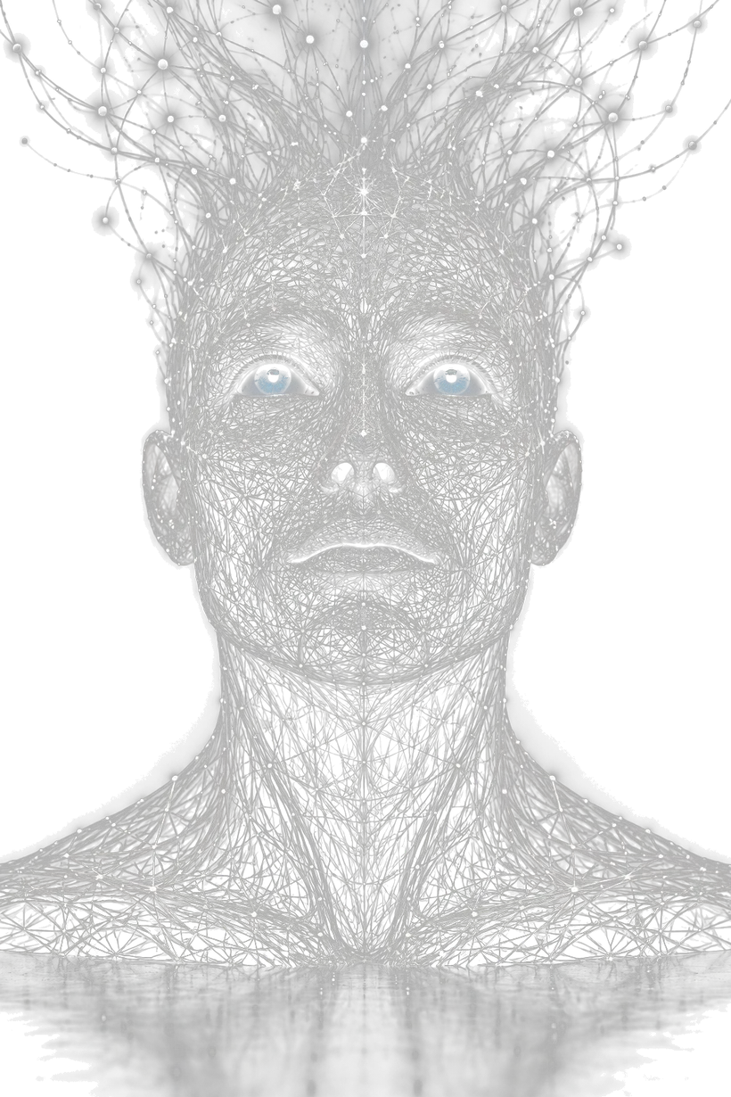 A head rendered as a glowing network, ideas streaming outward